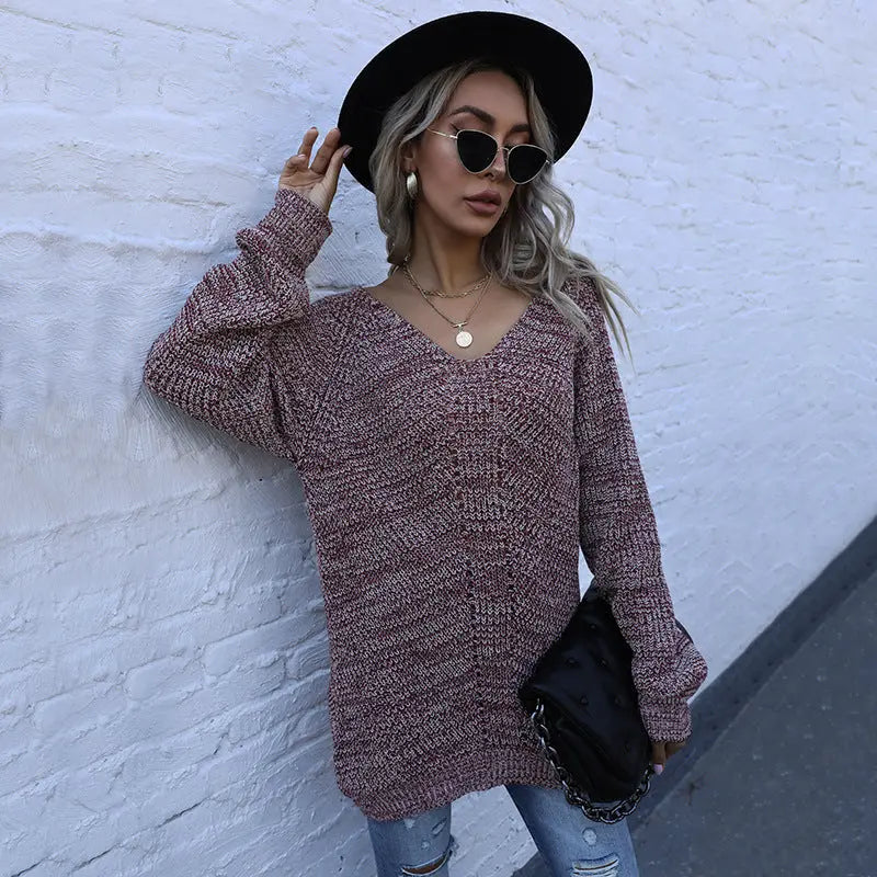 Autumn Casual Women Wear Mid Length Mixed Color Long Sleeve Loose V neck Sweater Bella Mia