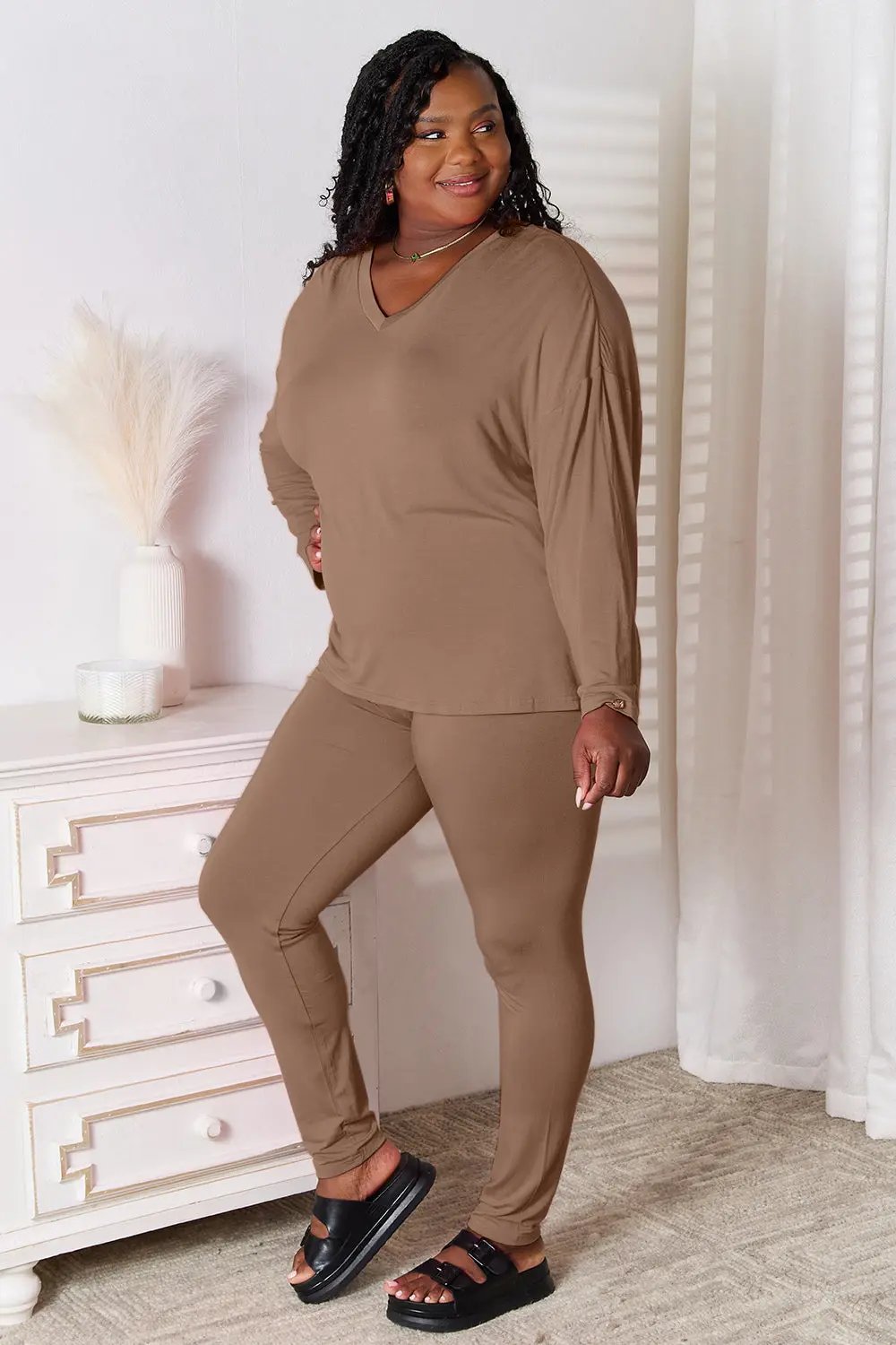 Basic Bae Full Size V-Neck Soft Rayon Long Sleeve Top and Pants Lounge Set - Love Salve