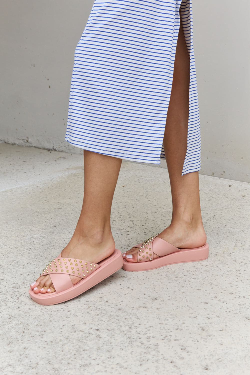 Forever Link Studded Cross Strap Sandals in Blush.