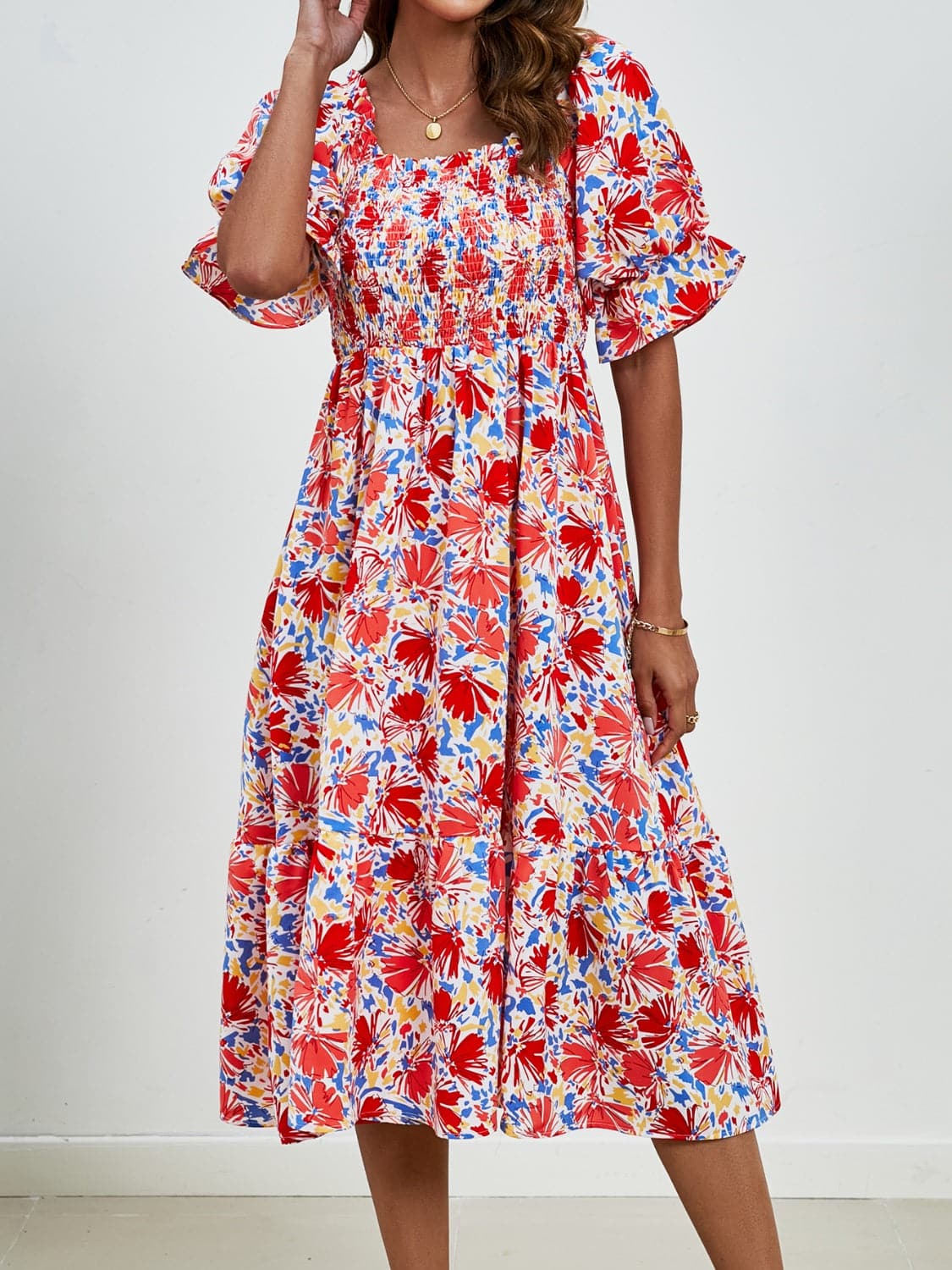 Smocked Floral Square Neck Short Sleeve Dress.