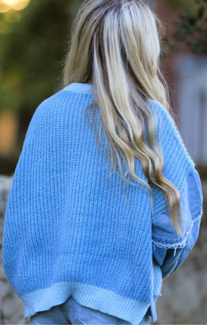 Denim sleeve knit sweater