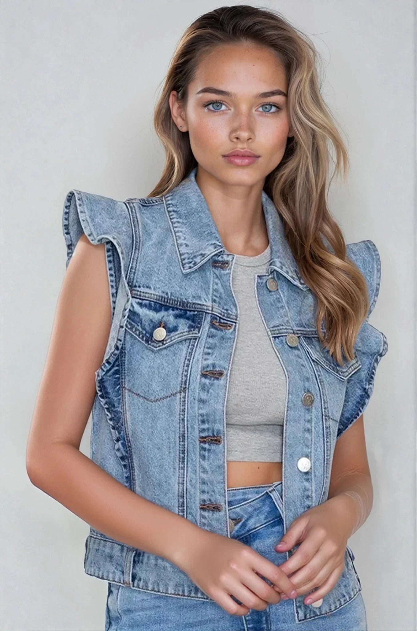 Victorian Charm Ruffle-Trim Denim Vest Jacket – Sleeveless Statement Layer- Light Denim Fitkitty Culture Athleisure Wear, Yoga Wear & Women's Clothing
