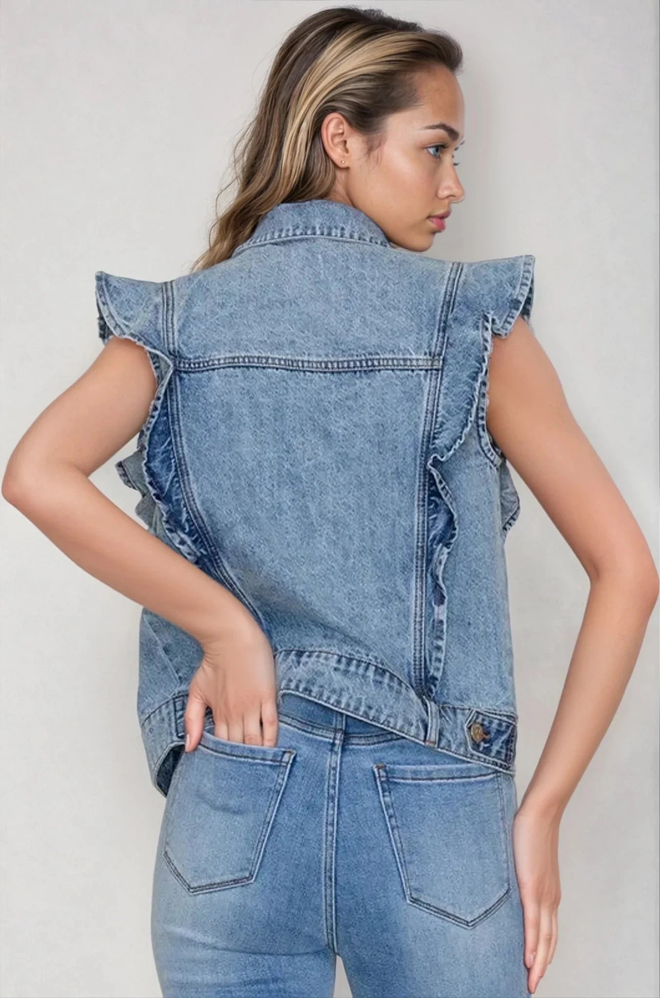 Victorian Charm Ruffle-Trim Denim Vest Jacket – Sleeveless Statement Layer- Light Denim Fitkitty Culture Athleisure Wear, Yoga Wear & Women's Clothing