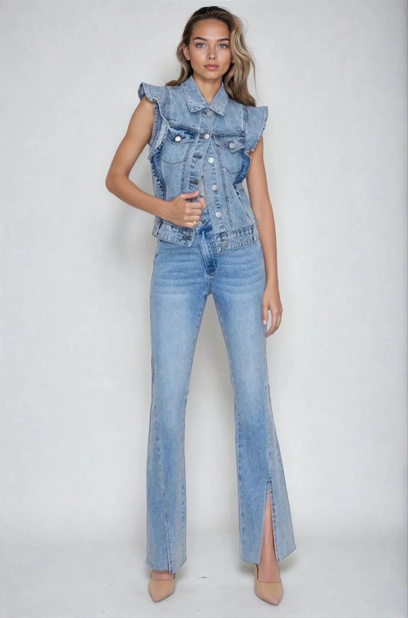 Victorian Charm Ruffle-Trim Denim Vest Jacket – Sleeveless Statement Layer- Light Denim Fitkitty Culture Athleisure Wear, Yoga Wear & Women's Clothing