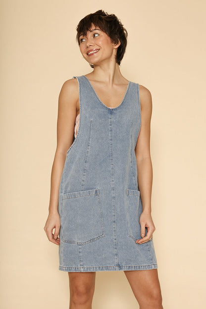Denim scoop neck overall dress