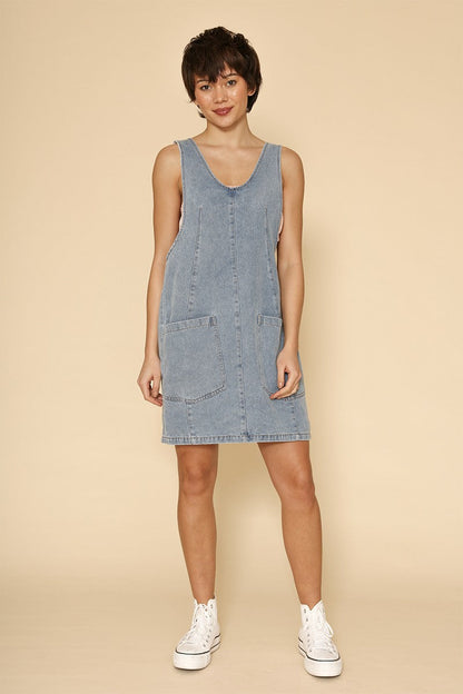 Denim scoop neck overall dress