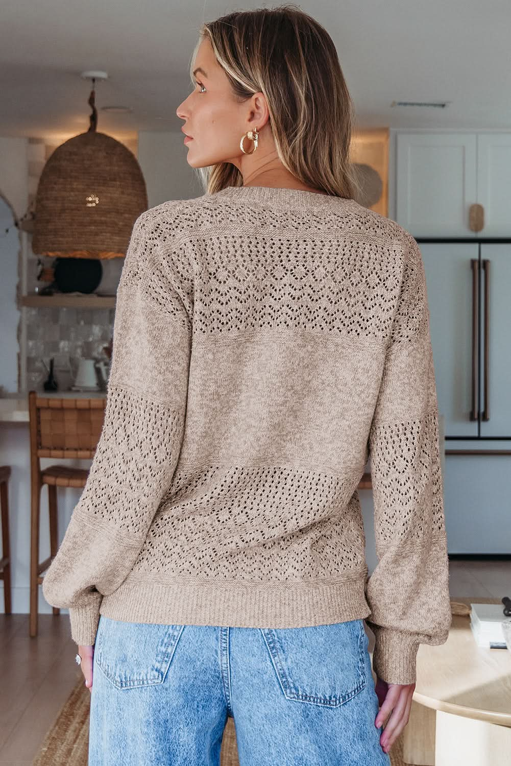 Brown V Neck Drop Shoulder Sweater with Eyelet Pattern Details