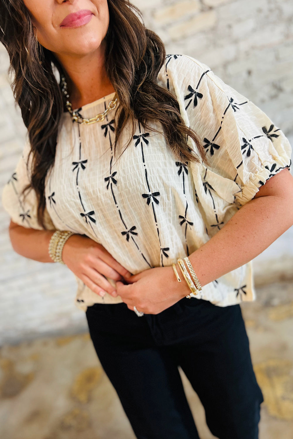 Beige Bow Print Puff Short Sleeve Top for Women Fashion