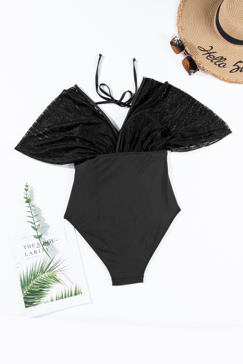 Elegant black lace patchwork surplice neck monokini with short sleeves