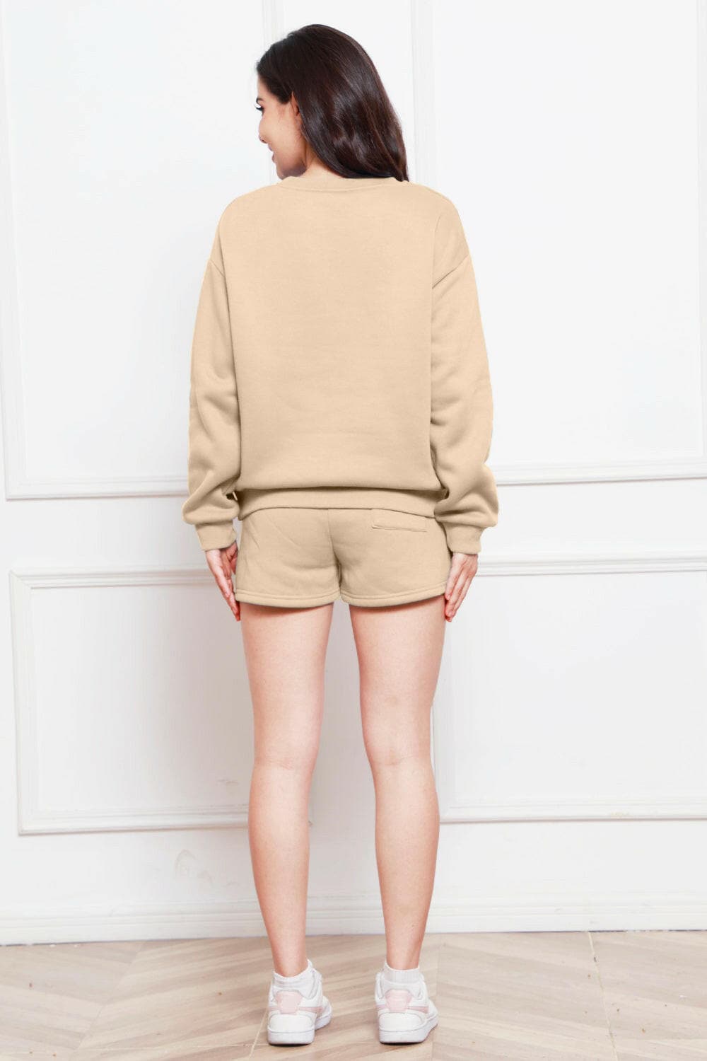 Round Neck Long Sleeve Sweatshirt and Drawstring Shorts Set.