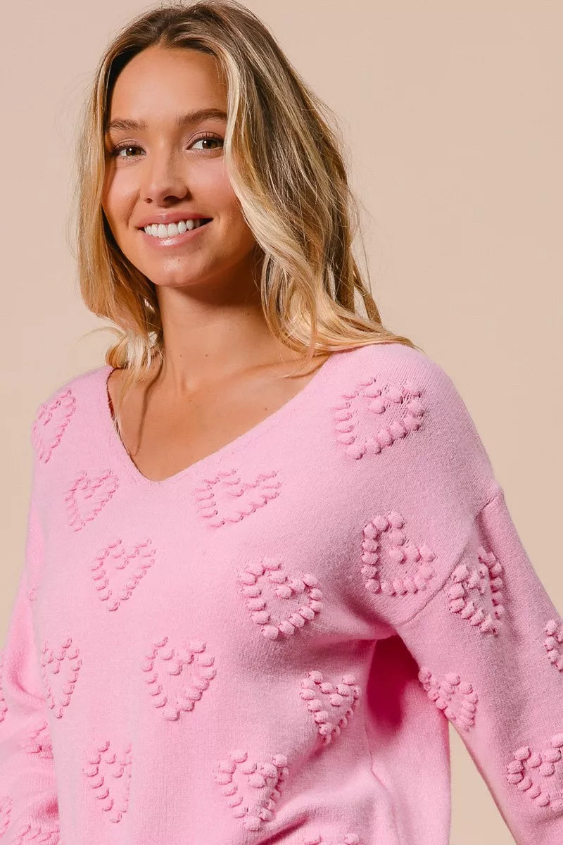 BiBi Valentines Heart Pompom V Neck Knit Top