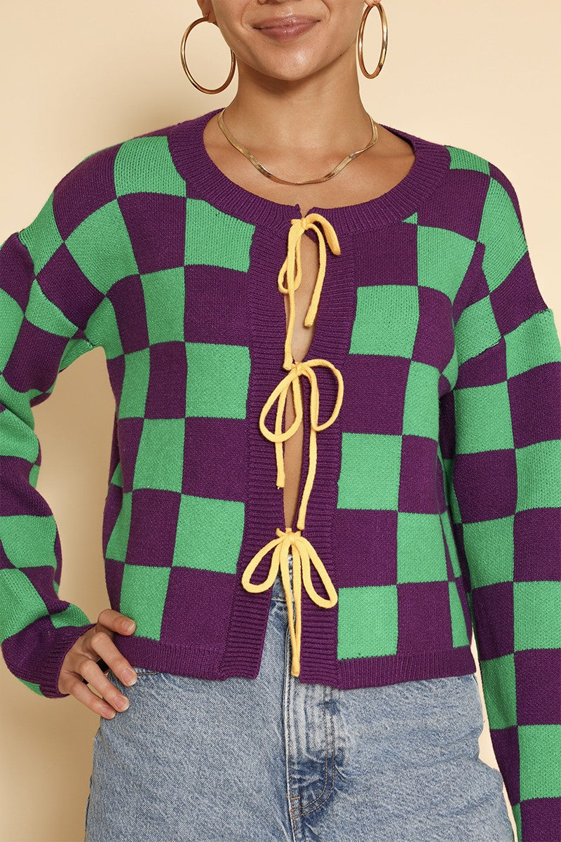 Mardi gras checkered tie front cardigans Miss Sparkling