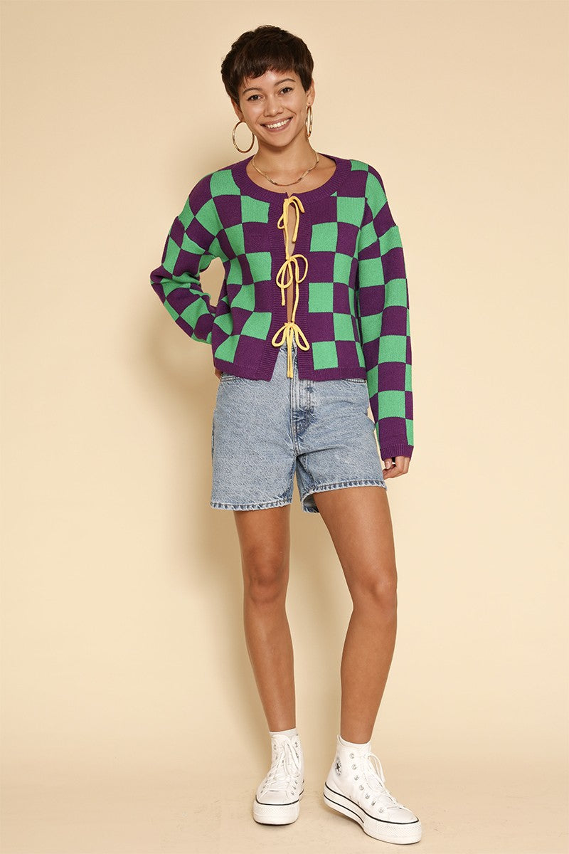 Mardi gras checkered tie front cardigans Miss Sparkling