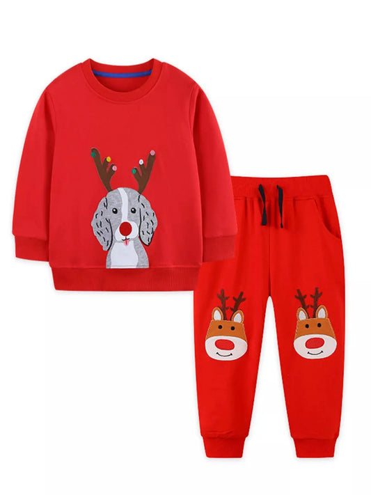 Children's Christmas Dog & Reindeer Round Neck Outfit Set Simply Love