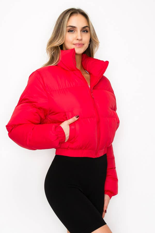 Bold & Cozy Mock Neck Printed Lining Puffer Jacket Coco’s Tee Boutique