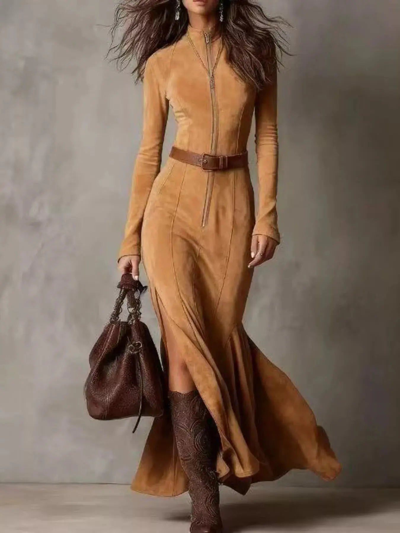 Full Size Zipper Front Long Sleeve Slit Maxi Dress Plus Size Simply Love