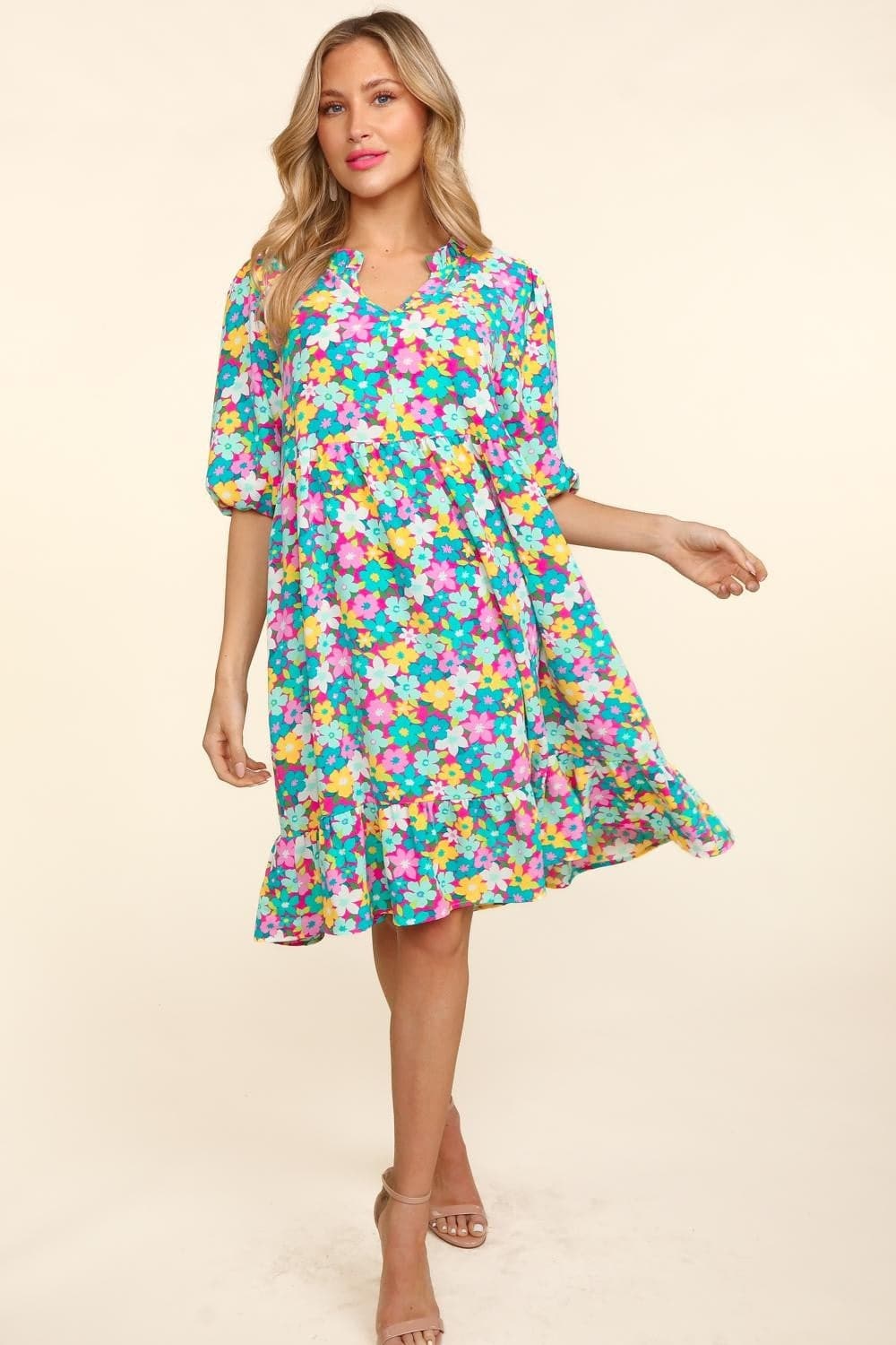 Haptics Bubble Sleeve Floral Ruffled Dress.