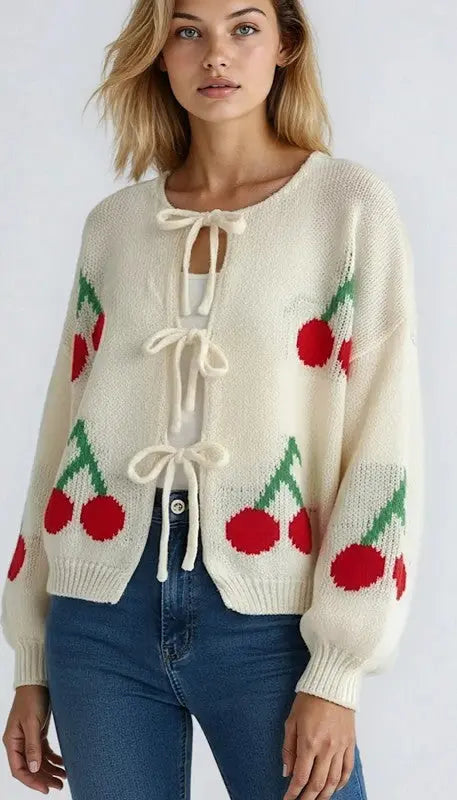 Cherry Front Tie Cardigan With Bow Front Design And Cozy Knit Miss Sparkling