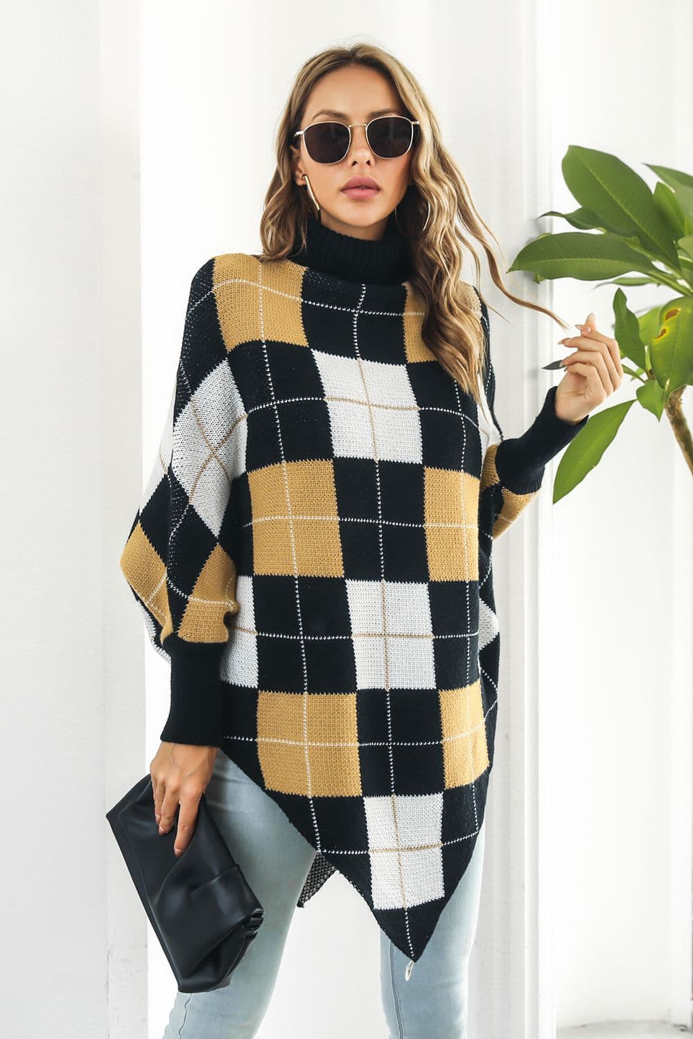 Plaid Turtleneck Dolman Sleeve Poncho.