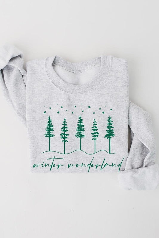 Winter Wonderland Graphic Fleece Sweatshirt with festive tree design on gray fabric.