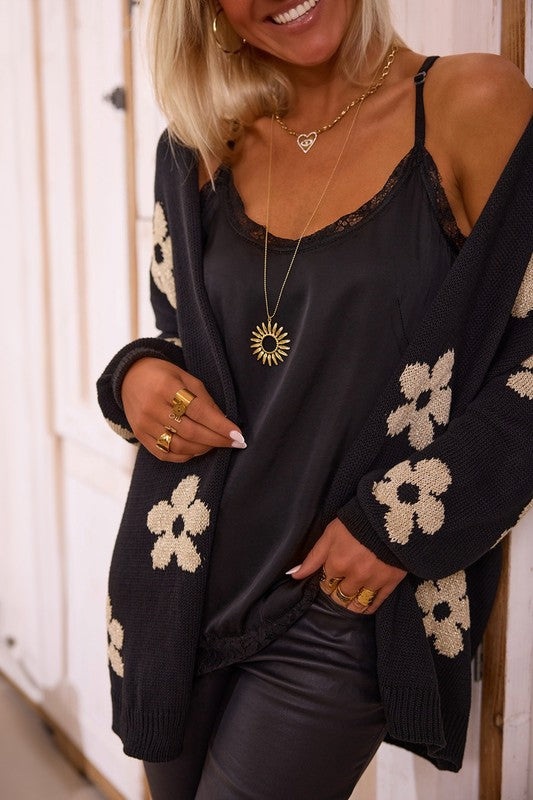 Women Floral Print Knitted Open Front Cardigan