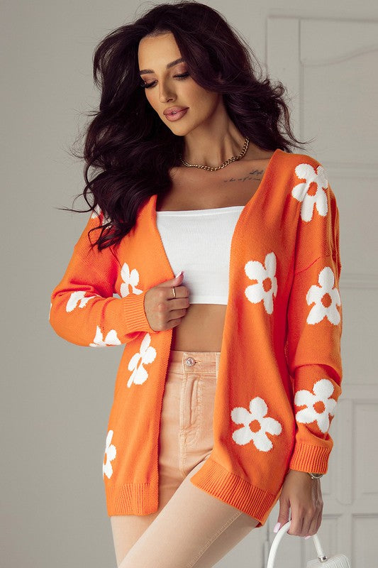 Women Floral Print Knitted Open Front Cardigan