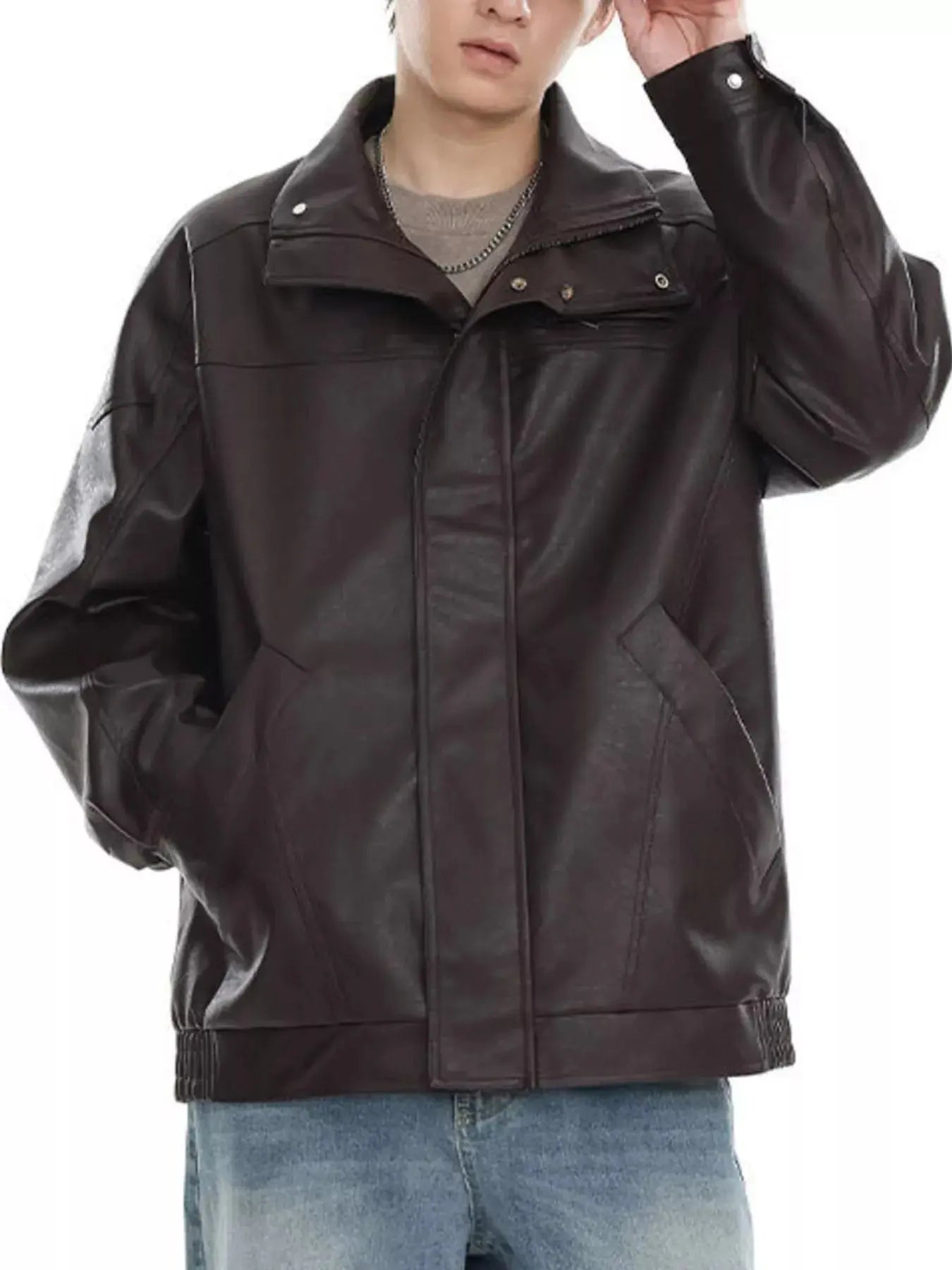 Men's Plus Size Stand Collar Leather Jacket Simply Love