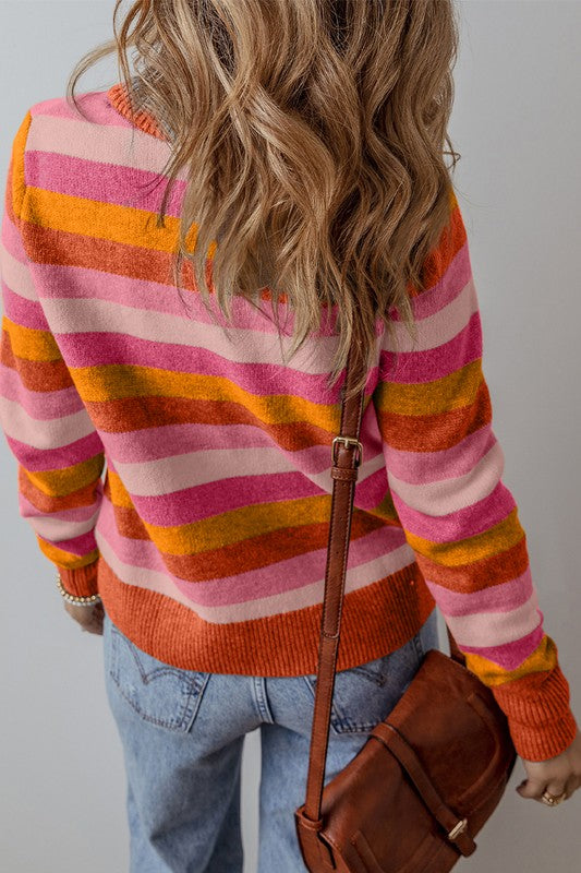 Women Color Block Ribbed Edge Round Neck Sweater