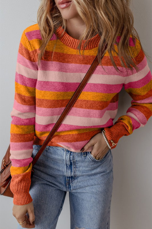 Women Color Block Ribbed Edge Round Neck Sweater