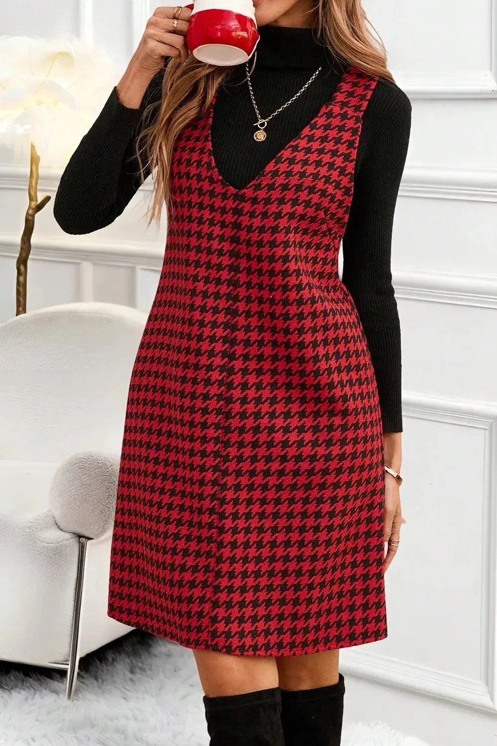 Houndstooth V-Neck Sleeveless Mini Dress Simply Love