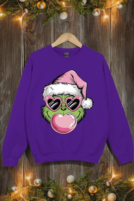 Pink Blowing Bubble Grinch Graphic Sweatshirts