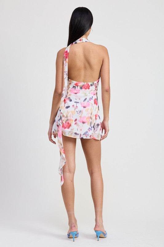 Flirt in Bloom Halter Mini Dress – Ivory Floral