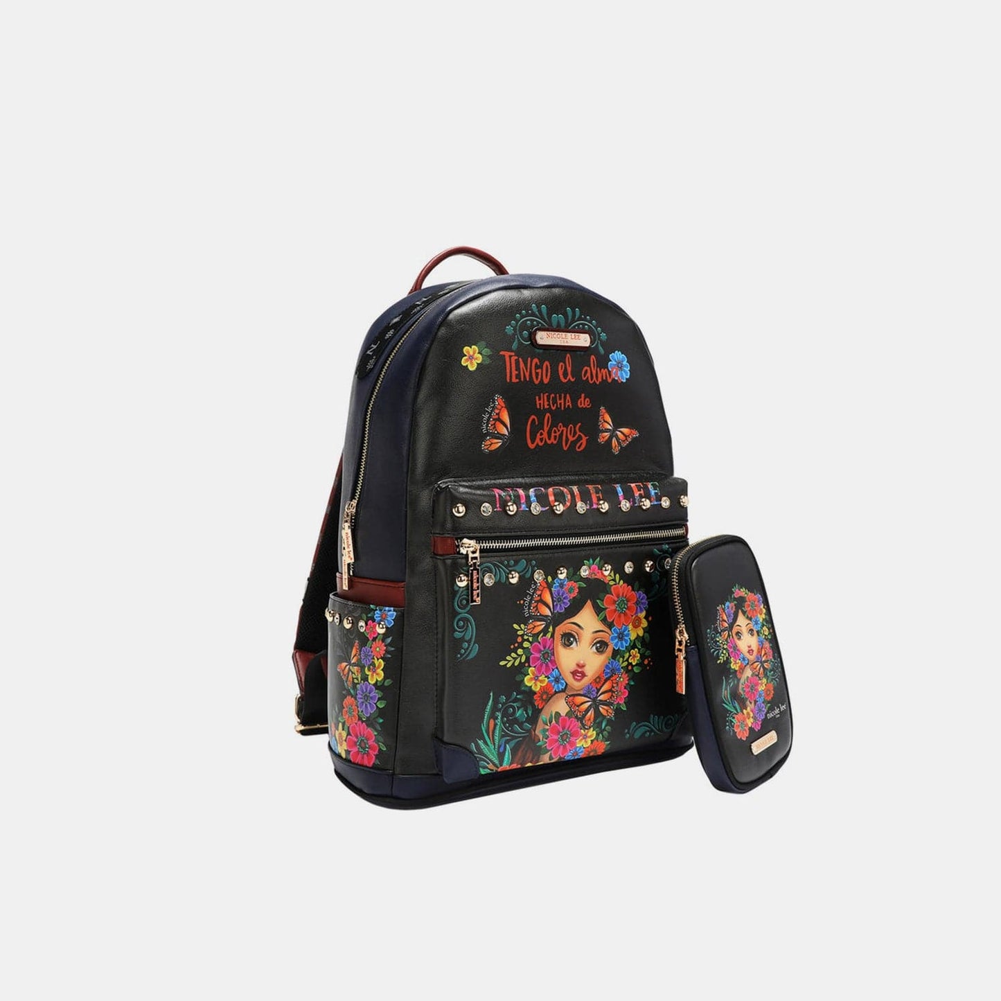 Chic printed vegan leather backpack with charging port and removable pouch