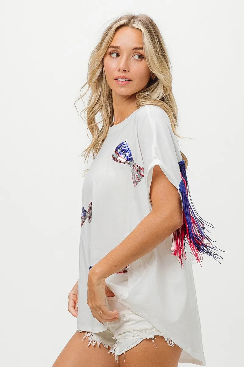 BiBi American Flag Sequin Ribbon T-Shirt - Love Salve 