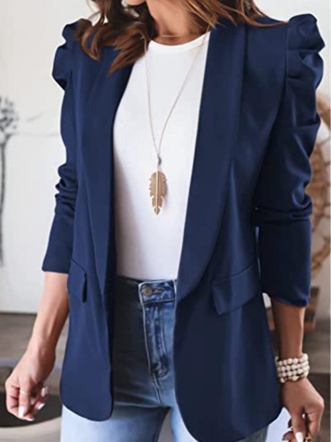 Collared Neck Puff Sleeve Blazer.