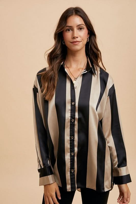 Casual Striped Button-Up Shirt with Dropped Shoulders