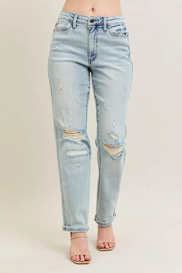 Judy Blue Plus Size Full Size Mr Repair Stitch Detail Destroyed Boyfriend Jeans - Love Salve 