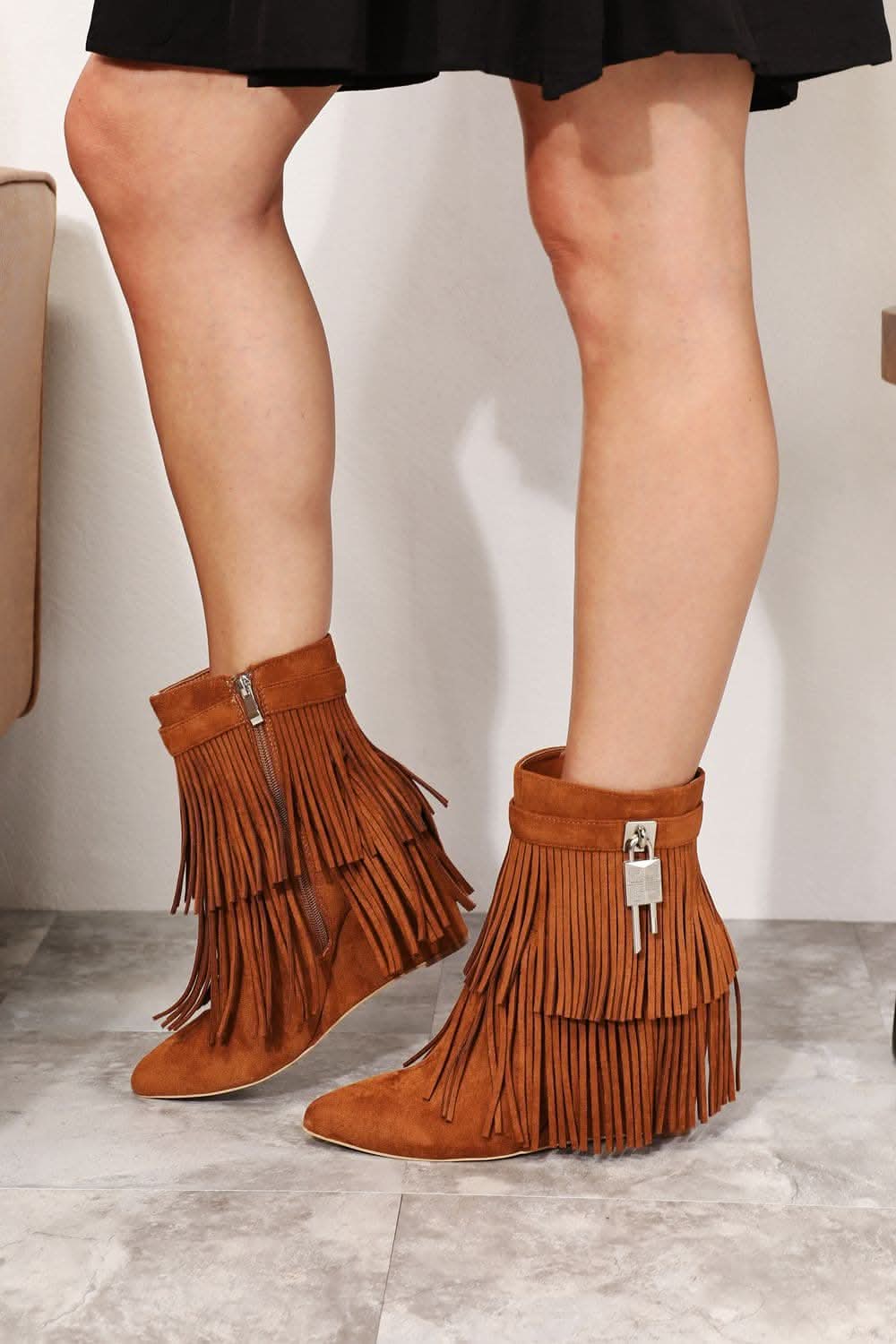 Chic women's tassel wedge ankle booties for stylish elegance - Love Salve 
