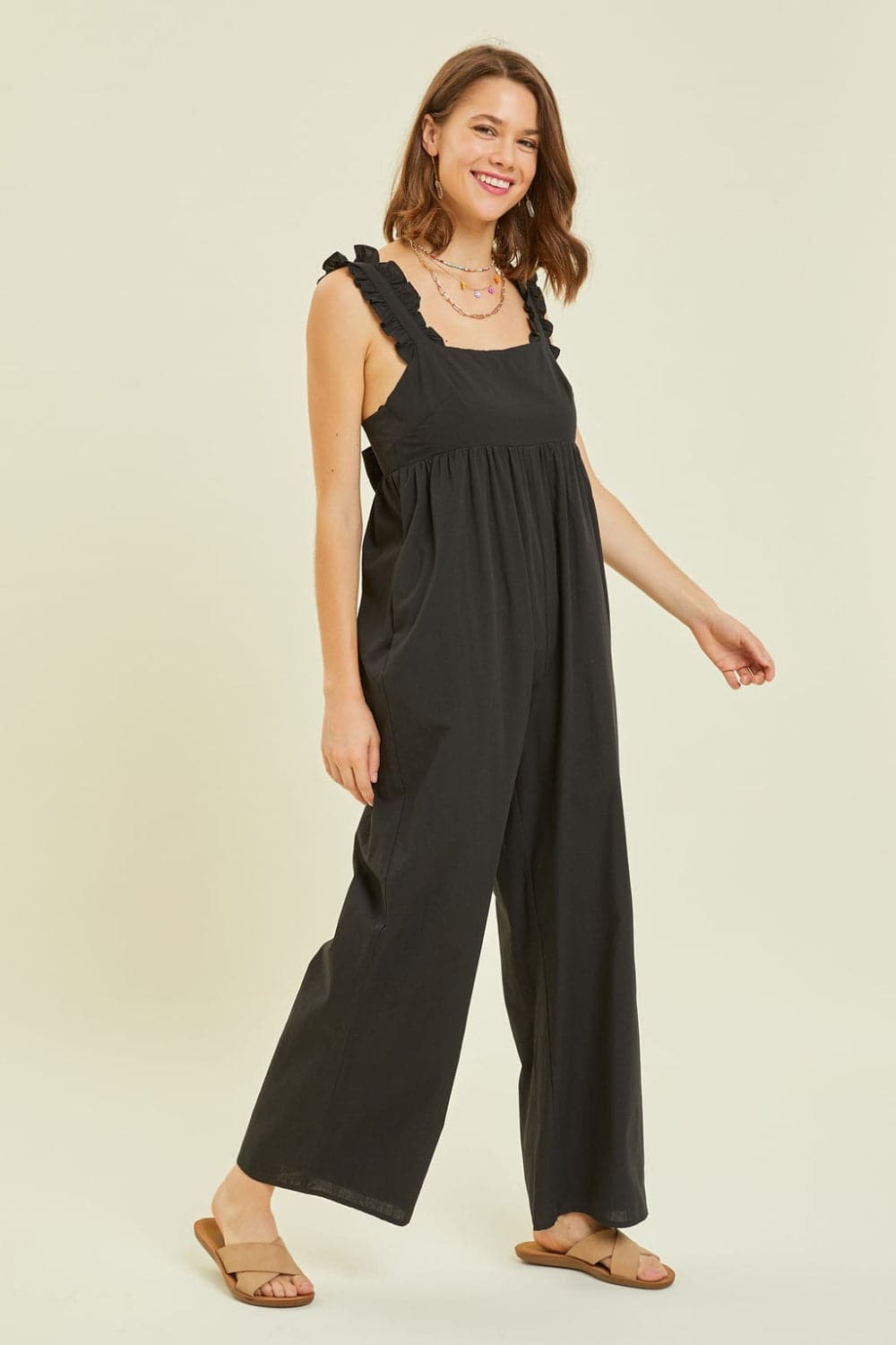 HEYSON Full Size Ruffled Strap Back Tie Wide Leg Jumpsuit.