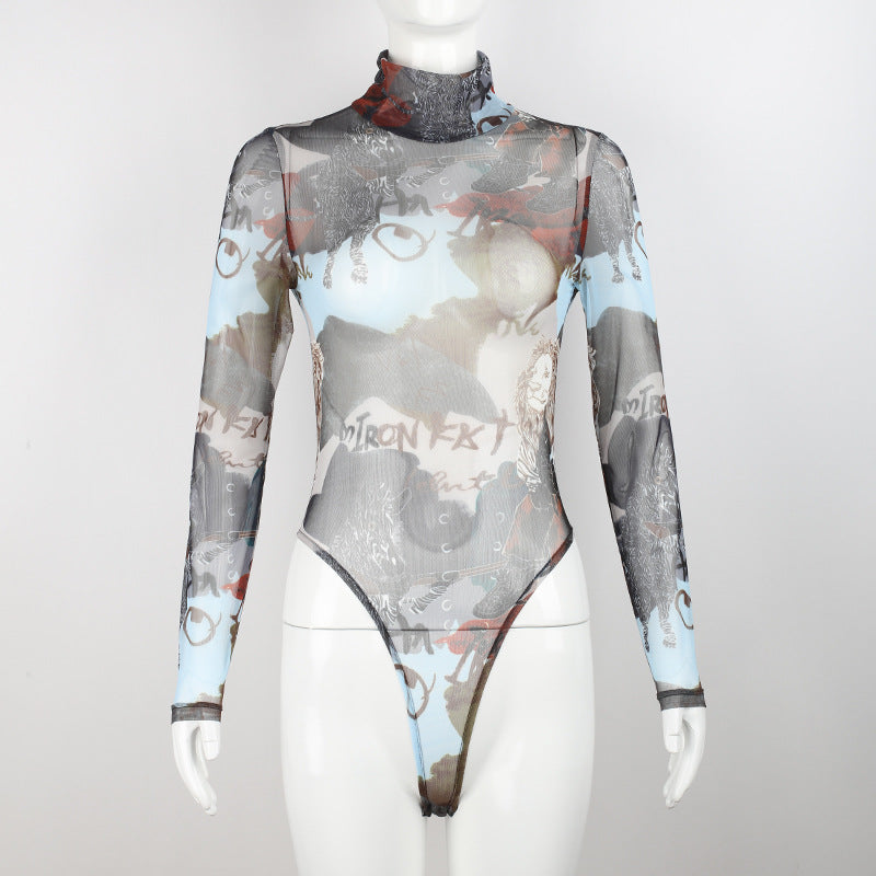 Sexy Sheer Mesh Letter Graphic Printing Bottoming Long-Sleeved Bodysuit