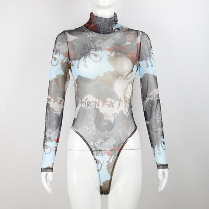 Sexy Sheer Mesh Letter Graphic Printing Bottoming Long-Sleeved Bodysuit