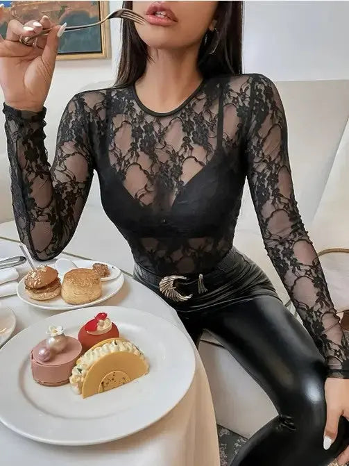 Floral Lace Mesh Long Sleeve Top With Sheer Paneling For Elegant Outfit Miss Sparkling