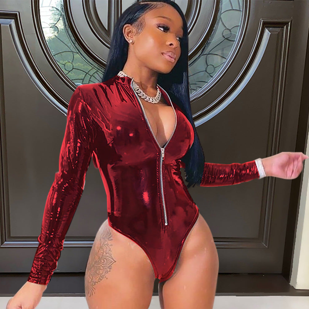 Women Clothing Nightclub Uniforms High Elastic Tight Faux Leather Border One-Piece Cotton-Padded Clothes Bella Mia