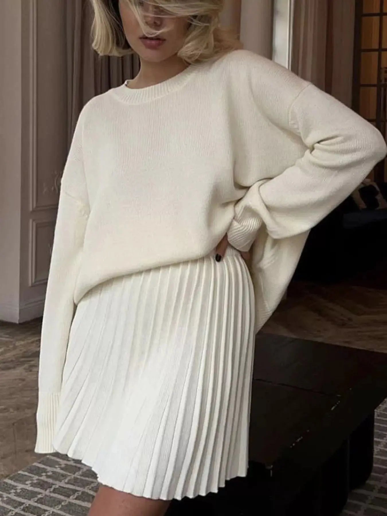 Round Neck Top and Pleated Skirt Sweater Set Simply Love