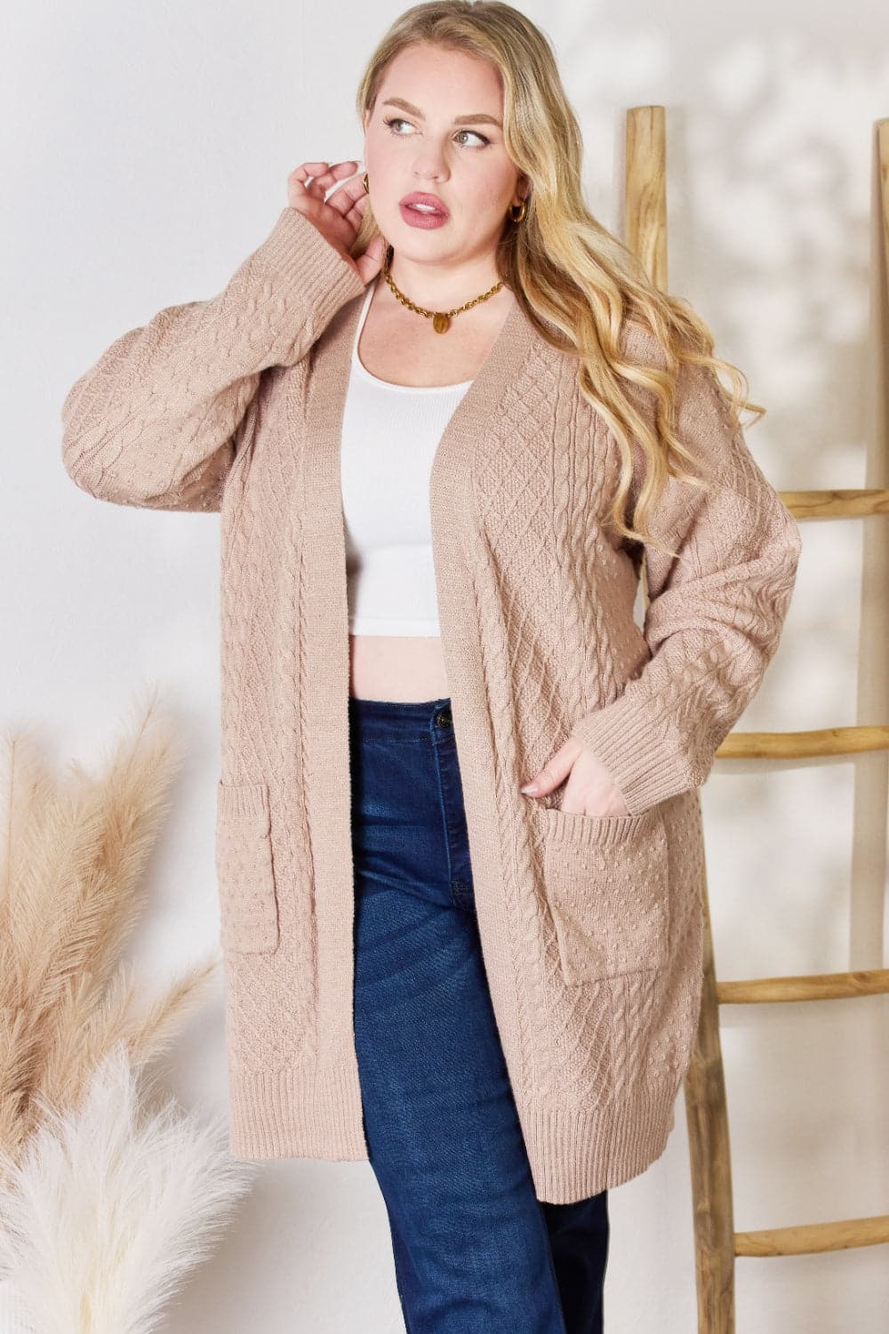 Hailey & Co Full Size Cable-Knit Pocketed Cardigan.