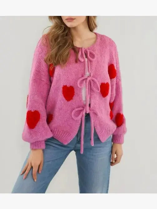 Heart Cardigan Bow Tie Front Open Front Cozy Knit Fabric Miss Sparkling