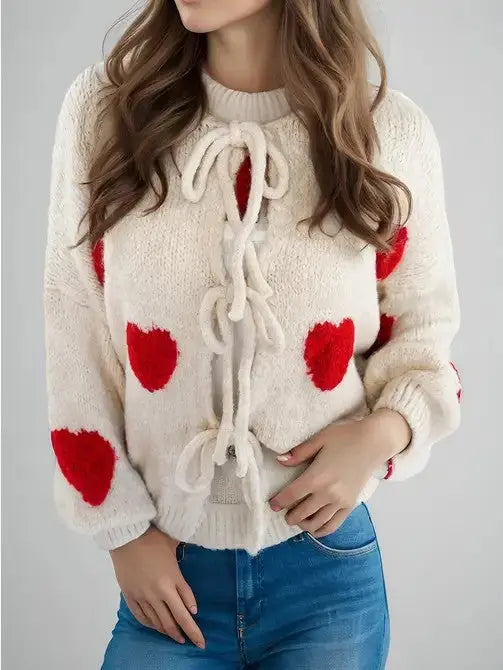 Heart Cardigan Bow Tie Front Open Front Cozy Knit Fabric Miss Sparkling