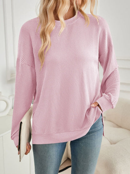 Slit Round Neck Long Sleeve Sweatshirt.