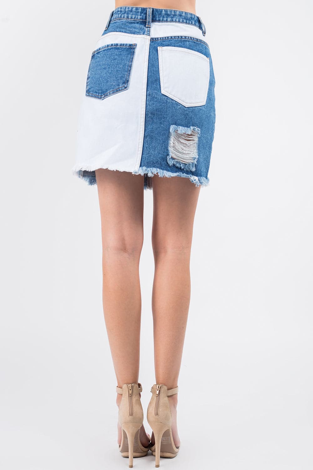 American Bazi Contrast Patched Frayed Denim Distressed Skirts.