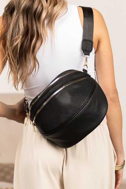 Luxe Curve Vegan Leather Sling – Double Zip Crescent Crossbody